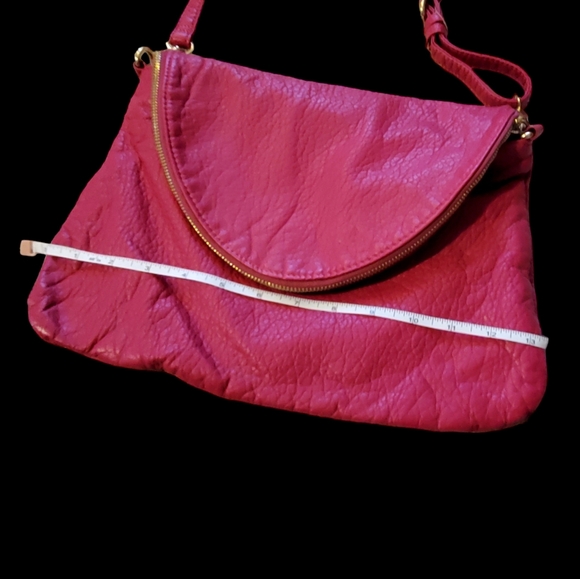 Hot Pink Leather bag.Fold over top zip. 10x13" size. - Picture 6 of 8